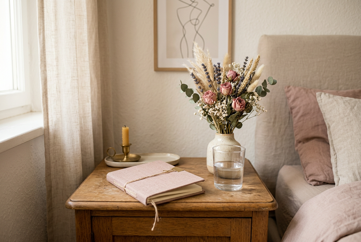 Lugnt sängbord med torkade blommor och en anteckningsbok