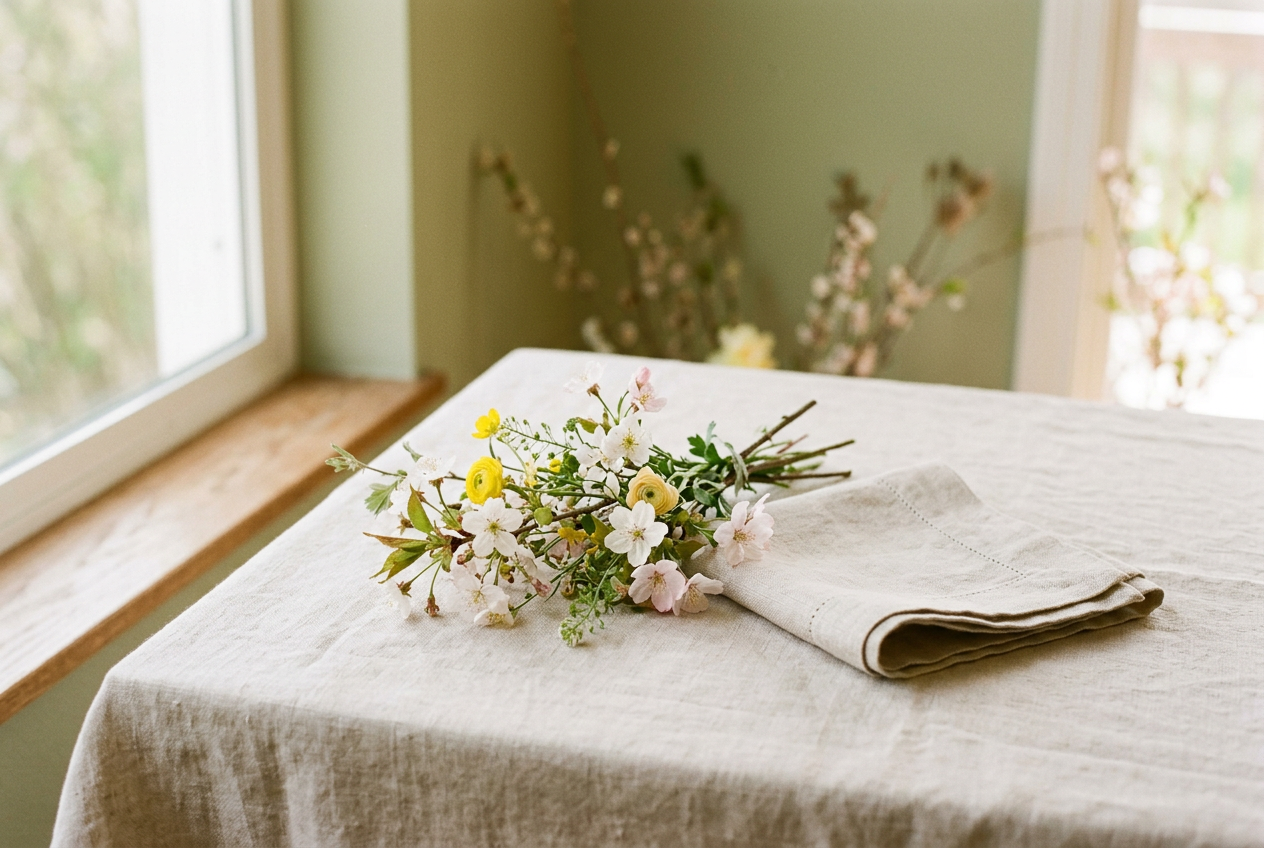 Vårblommor på en linneduk vid ett fönster
