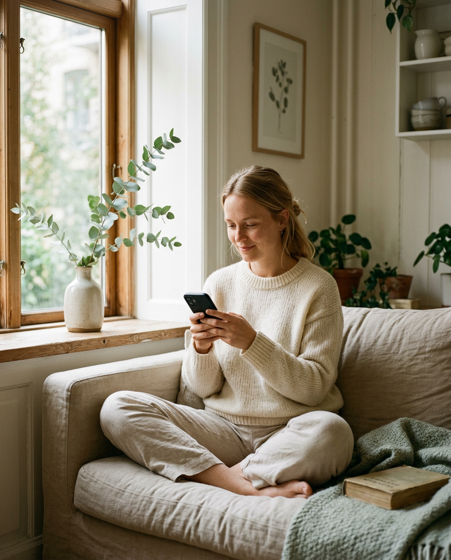 Ung kvinna i lugnt morgonljus använder Corina i soffan